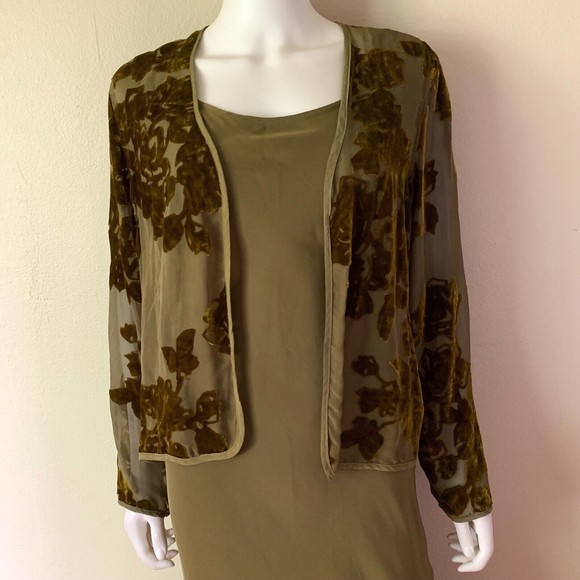 Citron Santa Monica Olive Green 2 Piece Set S Maxi Dress Velvet Burnout Jacket - Picture 3 of 13